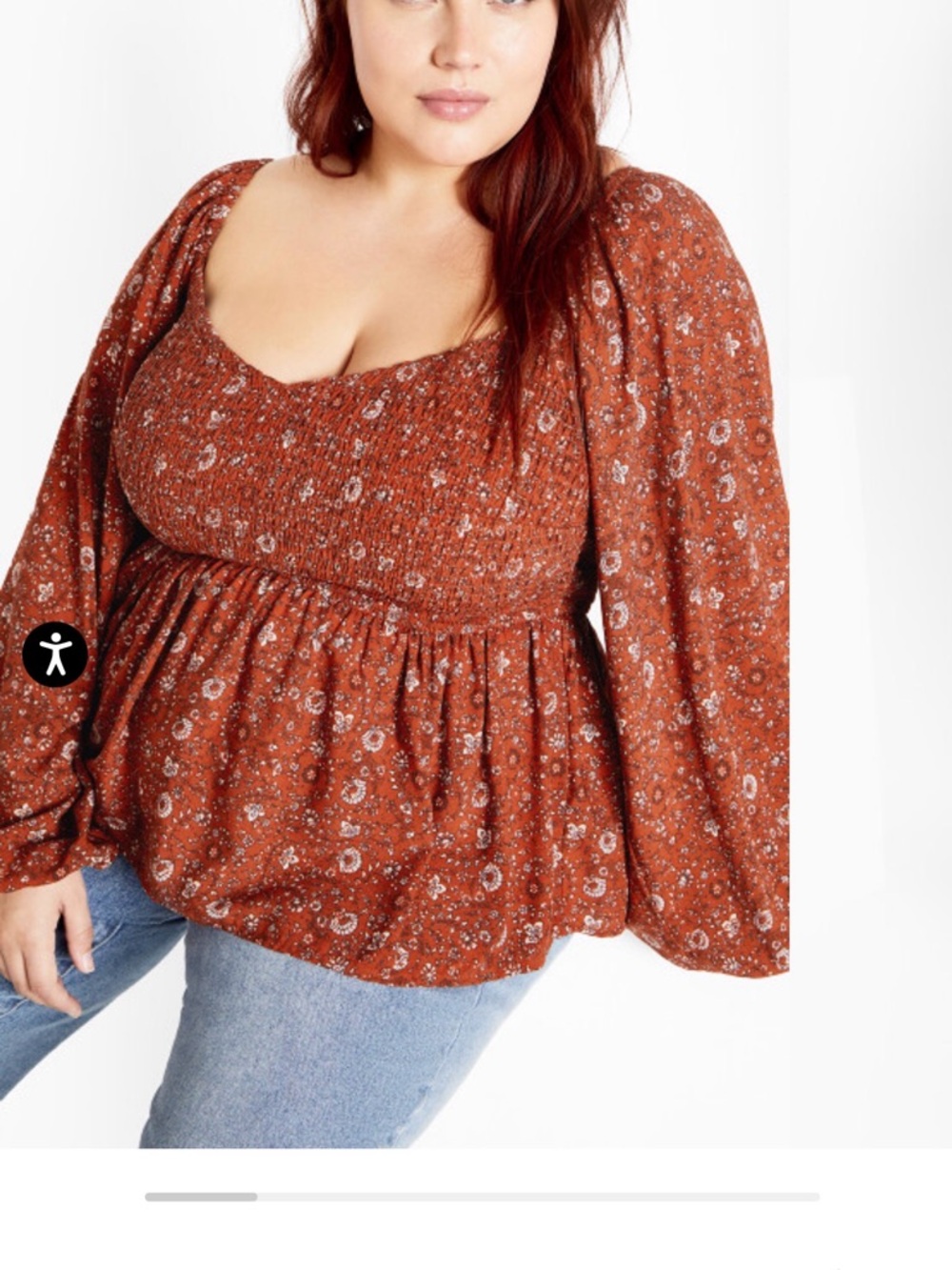 City Chic -XLRust Floral Smocked Peplum Blouse size 22 per size chart